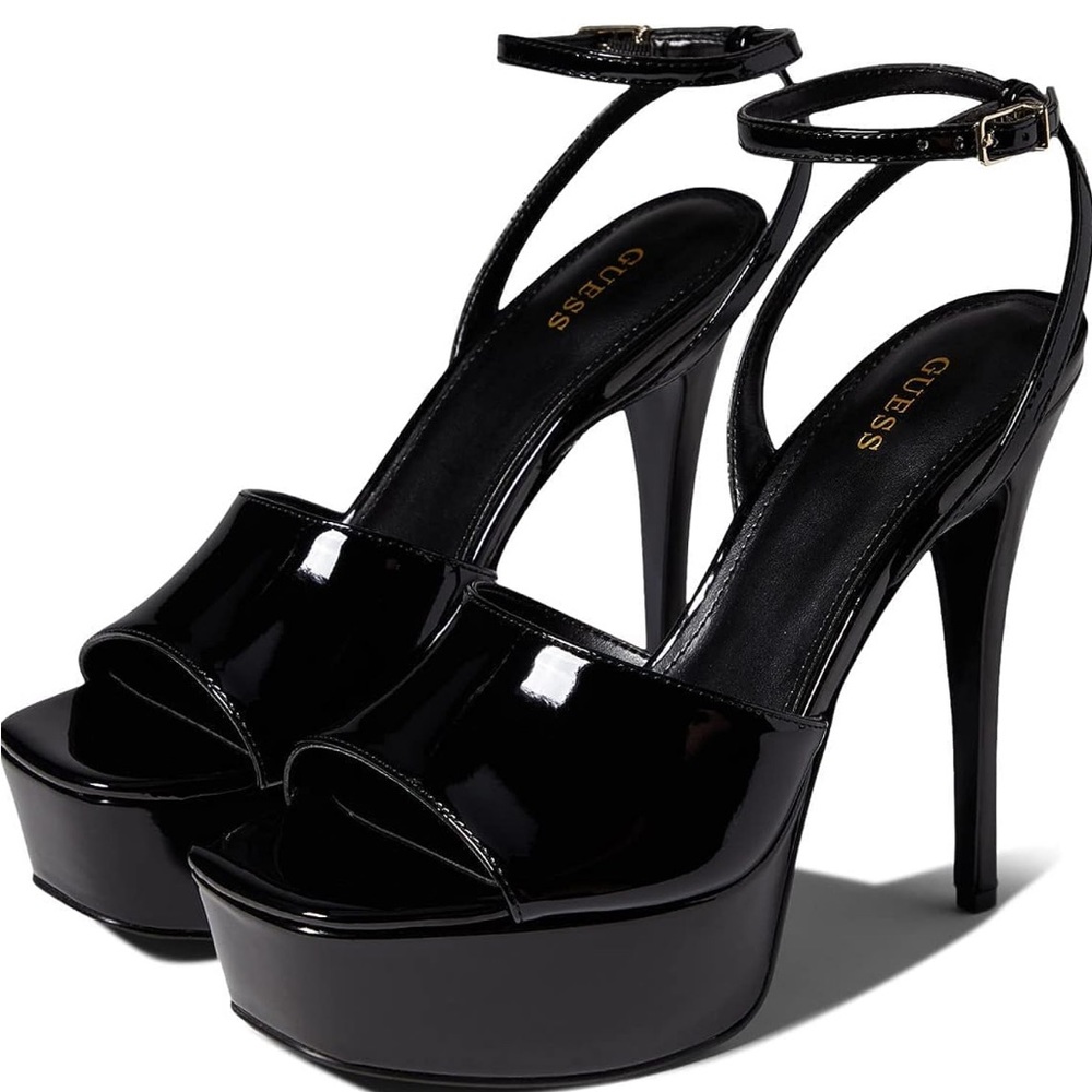 Guess Tabye Black Patent Platform Sandal Heels 7.5 New in Box